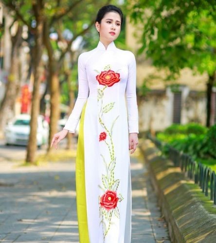 柄の入ったアオザイを着たベトナム人女性
