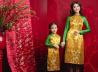 柄の入った黄色と緑のアオザイを着たベトナム人女性