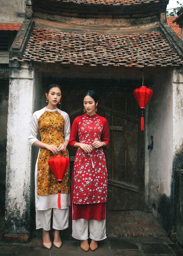 柄のあるアオザイを着たベトナム人女性