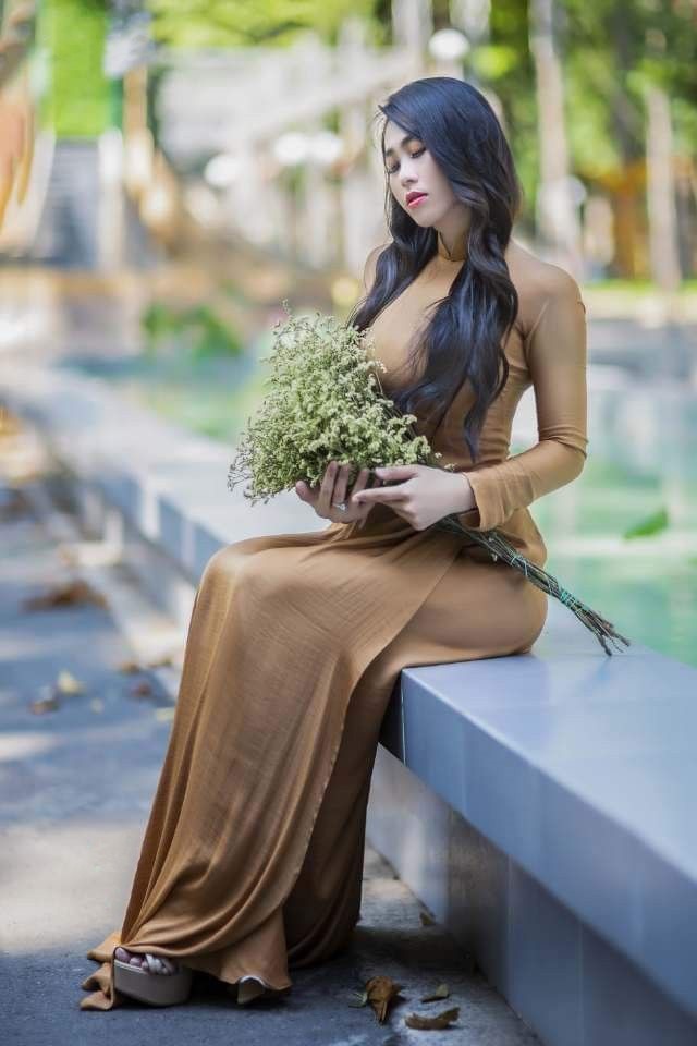 茶色のアオザイを着ているベトナム人女性