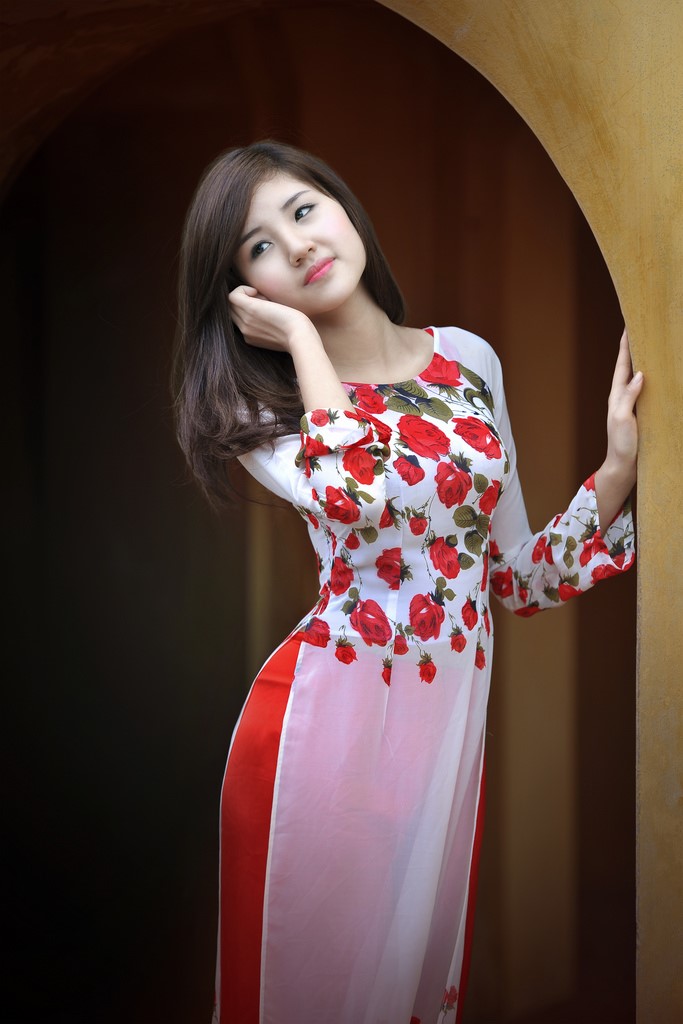 柄のアオザイを着ているベトナム人女性